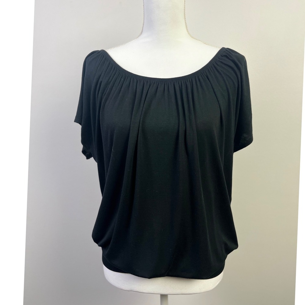 White House Black Market Minimalist Blouse Dolman Top Gathered Neck Black‎ XS